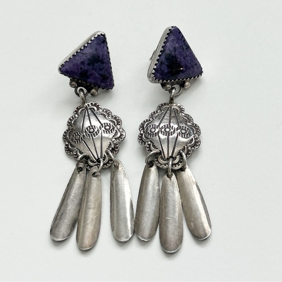Vintage Richard Begay Navajo Charoite Sterling Silver Concho Earrings - Picture 3 of 14